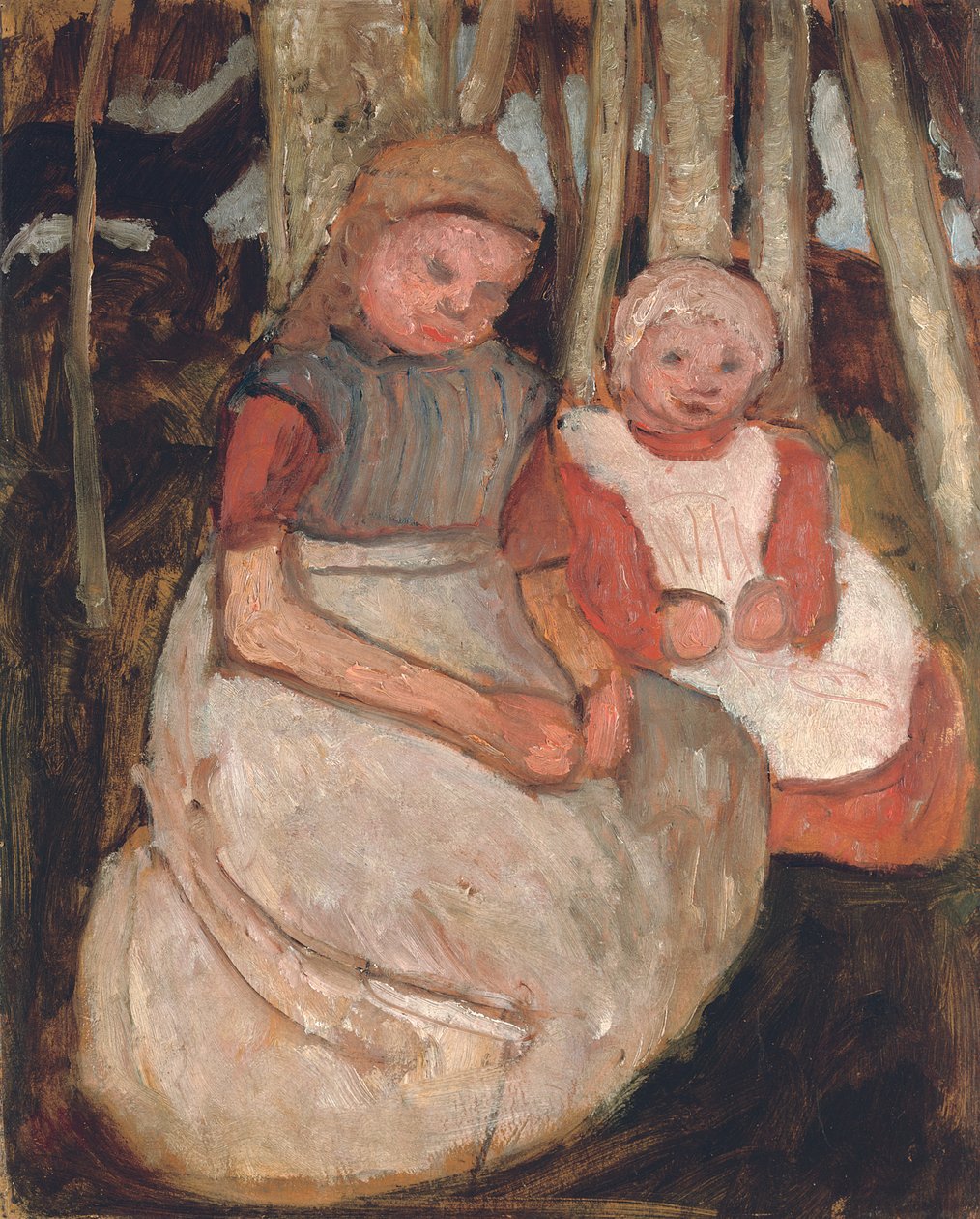 Huş Gövdesinin Önünde Oturan İki Kız; Huş ağaçlarının önünde oturan iki kız, 1904 by Paula Modersohn Becker