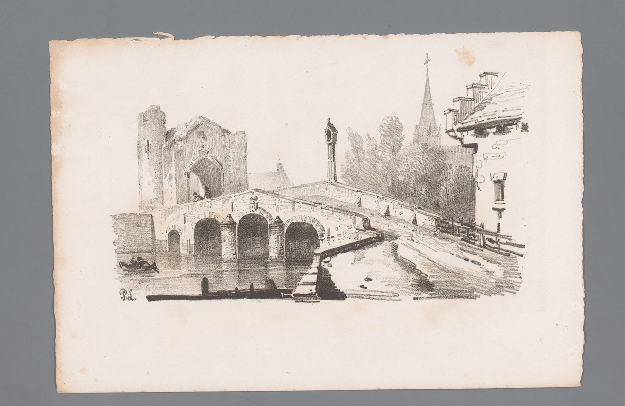 Kapılı bir köprünün görünümü, arka planda bir kilise Manzara ilkeleri (dizi başlığı) Principes de paysages (dizi başlığı) by Paulus Lauters