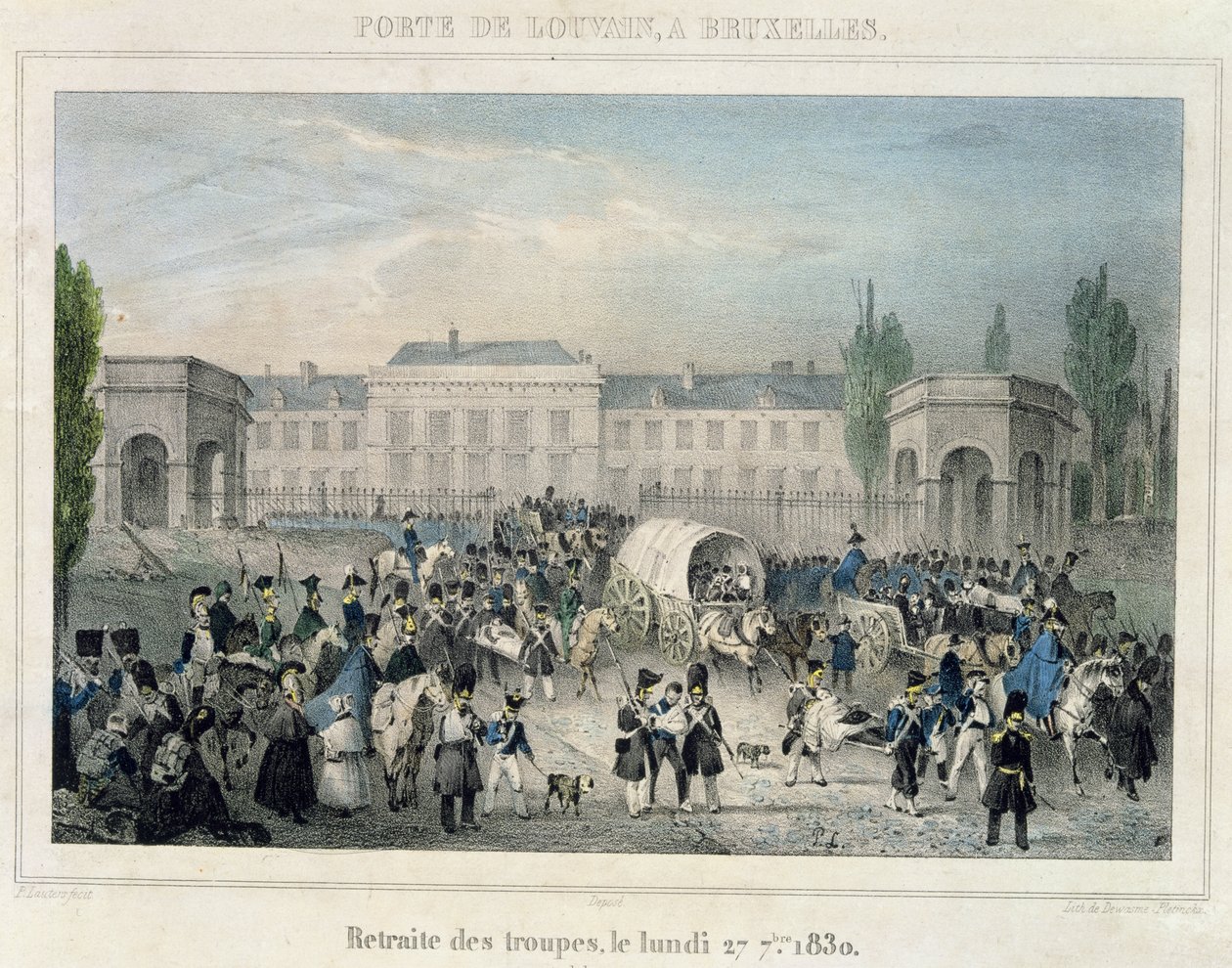 Porte de Louvain, Brüksel: Hollanda Birliklerinin Geri Çekilmesi, 27 Eylül 1830, gravür Dewasme-Pletinckx by Paulus Lauters