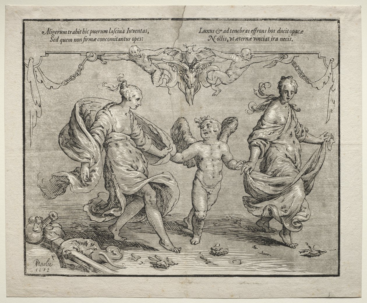 İki alegorik kadınla aşk tanrısı dansı by Paulus Moreelse