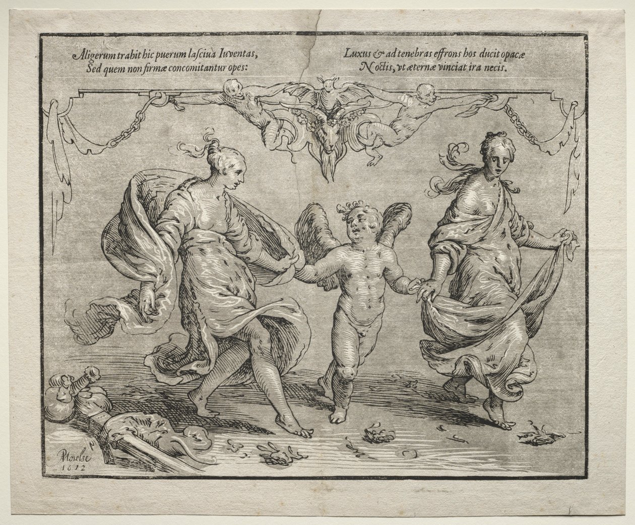 İki alegorik kadınla aşk tanrısı dansı, 1612. by Paulus Moreelse