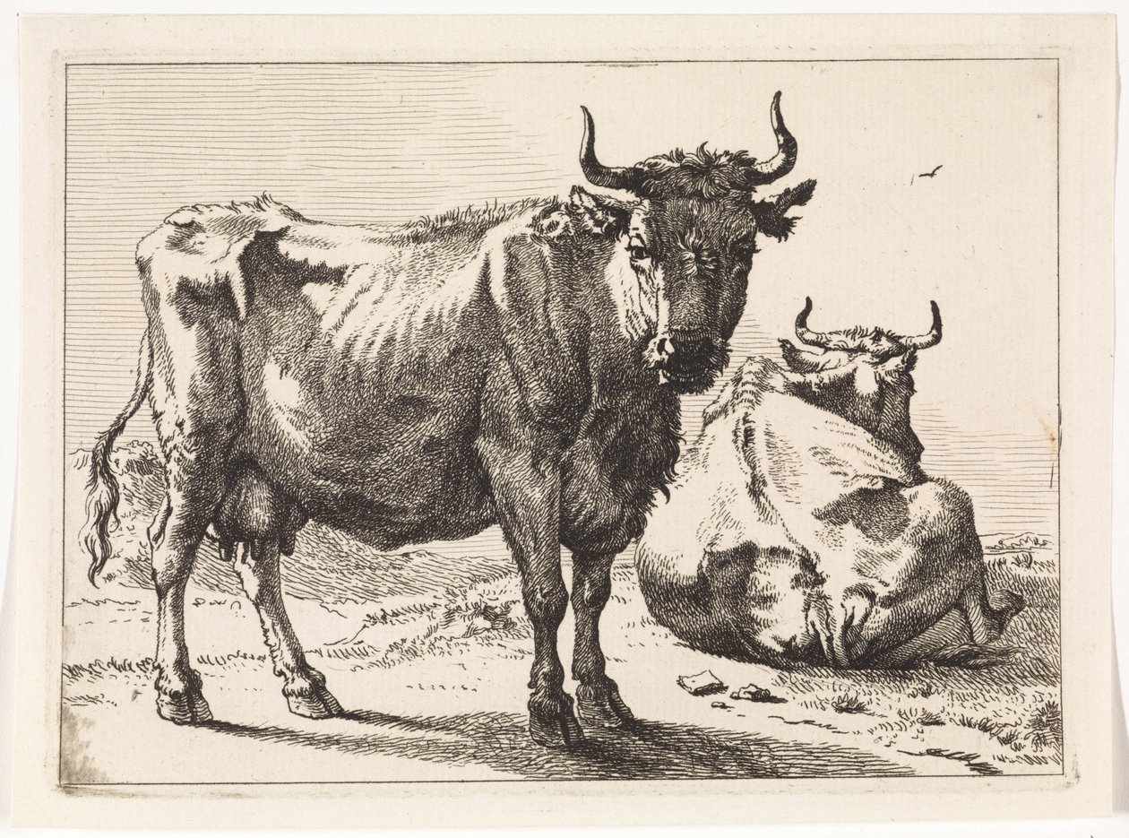 Ayakta duran ve yalancı bir inek Het Bullenboekje (seri başlığı) by Paulus Potter