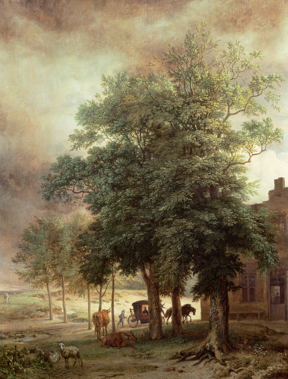 Ağaçların ötesinde araba veya ev ile manzara by Paulus Potter