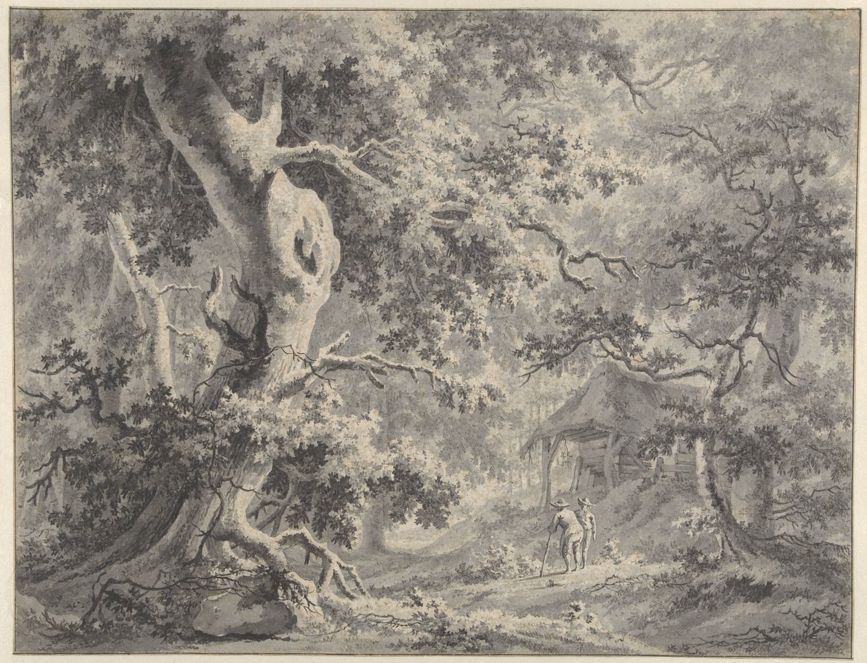 Bir kulübede iki figürlü orman manzarası by Paulus van Liender