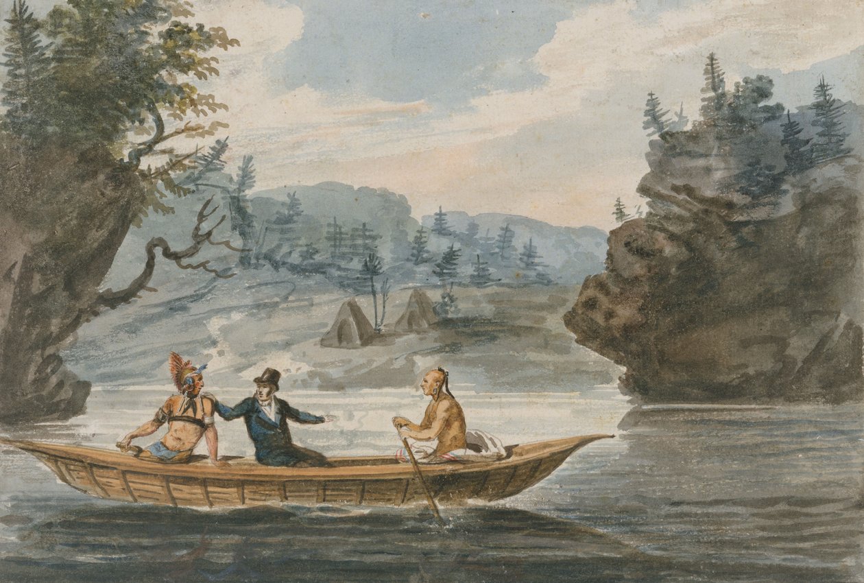 Kanoda İki Kızılderili ve Bir Beyaz Adam, 1811-13 by Pavel Petrovich Svinin