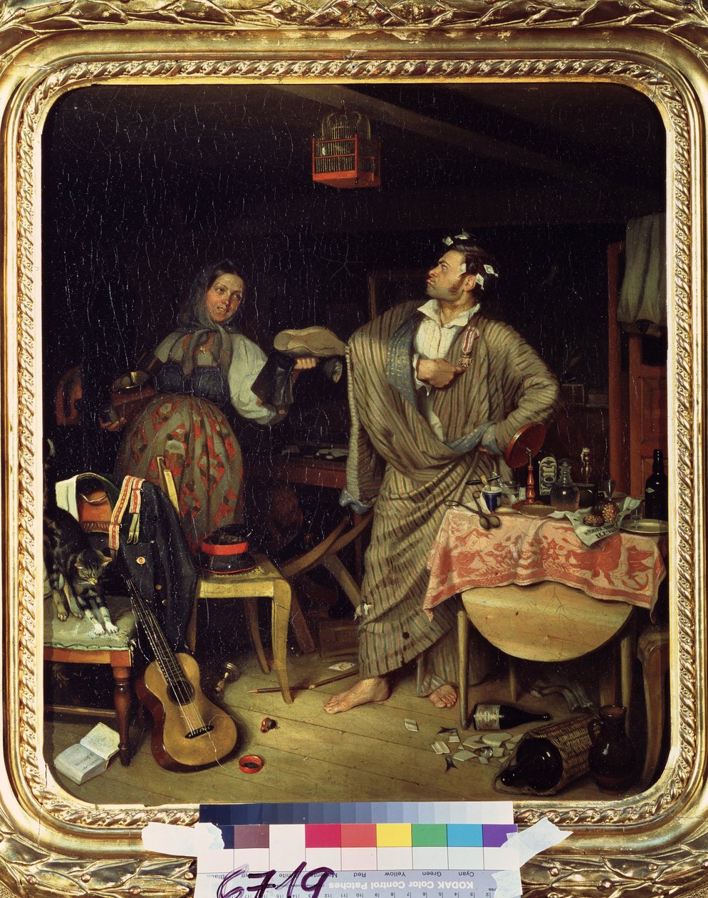 ""Ben bir atlıyım! (ya da yeni dekore edilmiş subayın sabahı) (Fresh Cavalier (İlk haçını alan bir bürokratın sabahı) Sabahlık giymiş bir asker, dağınık dairede madalyasını gururla takıyor.Resim Pavel Fedotov (18) by Pavel Andreevich Fedotov