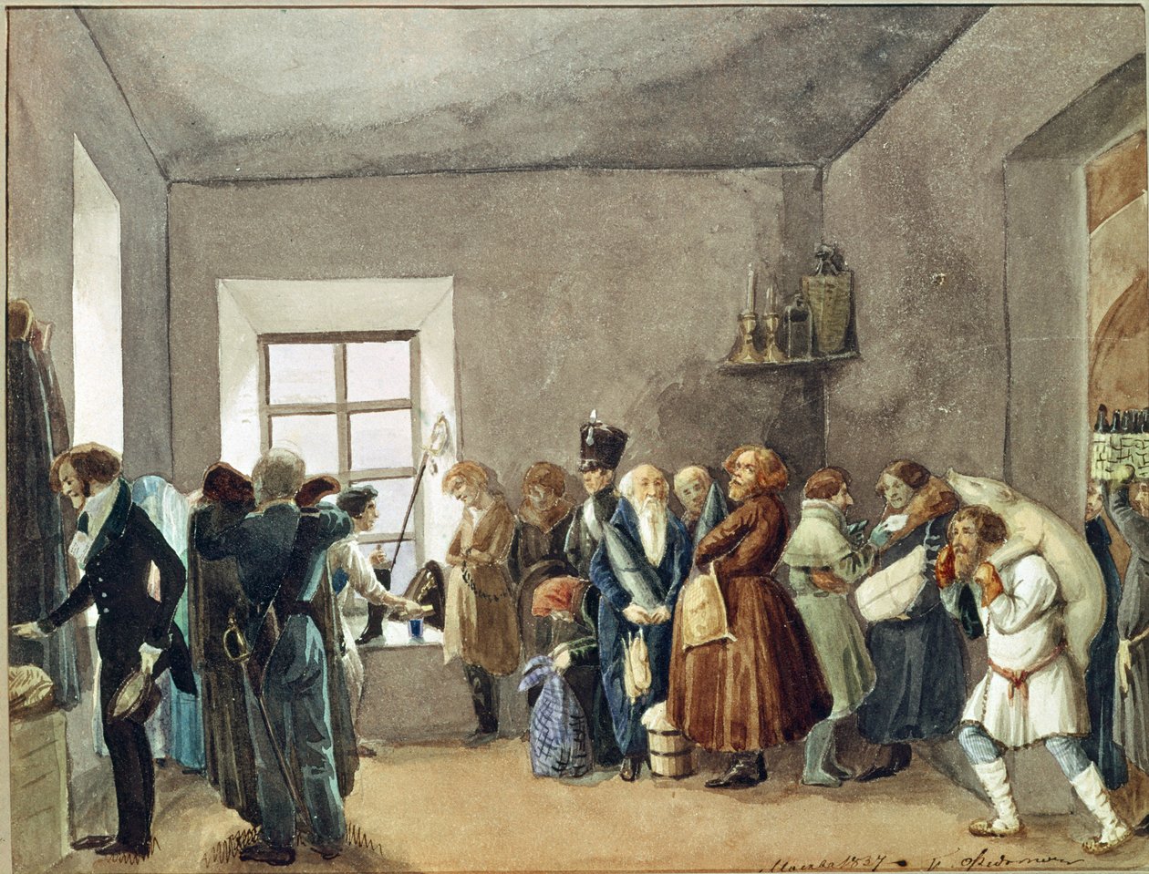 Tatilden önceki gece bir polis komiserinin kabul odası. Pavel Andreyevich Fedotov (1815-1852), kağıt üzerine suluboya, mürekkep ve kurşun kalem çalışması by Pavel Andreevich Fedotov