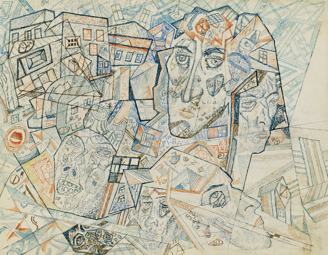 Şehirdeki Yüzler, c.1925 (kağıt üzerine suluboya, kalem ve mürekkep) by Pawel Nikolajewitsch Filonow