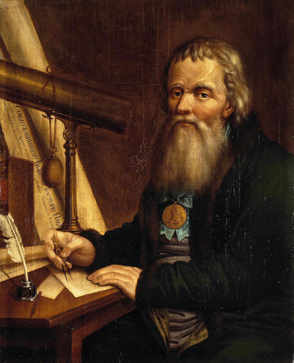 Ivan Petrovich Koulibin (Kulibin) (1735-1818), Rus mucit ve tamirci, pusula kullanarak portresi (Tamirci ve mucit Ivan P. Kulibin