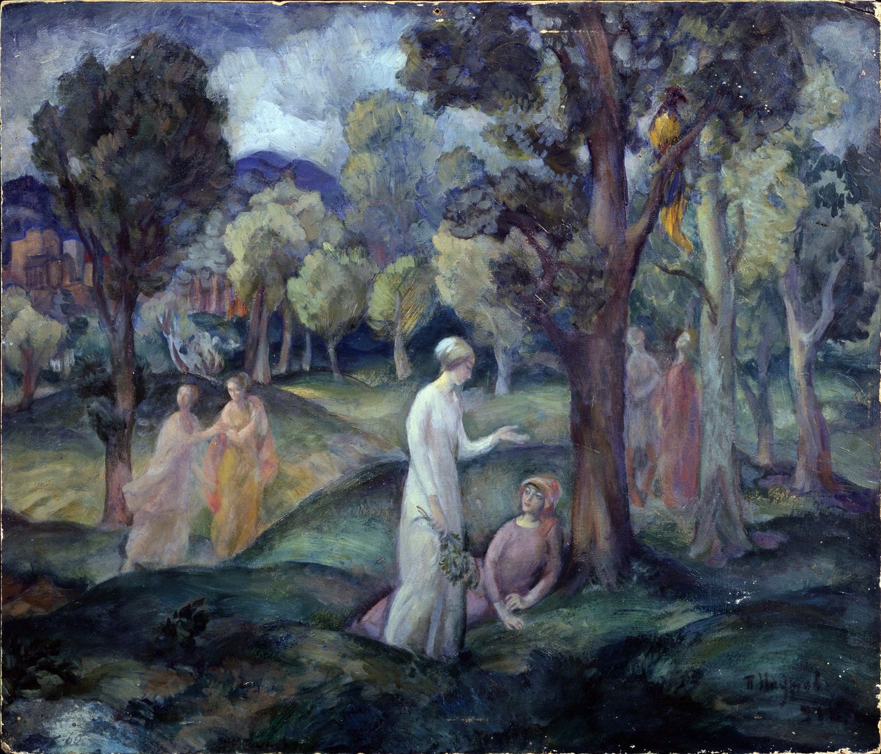 Tarlalarda bir yürüyüş. (Tarlalarda Bir Yürüyüş). Boş zaman sahnesi, tepelerdeki ağaçların arasında genç kadınlar. Pavel Semyonovich Naumov (1884-1942), karton üzerine yağlı boya by Pavel Semenovich Naumov