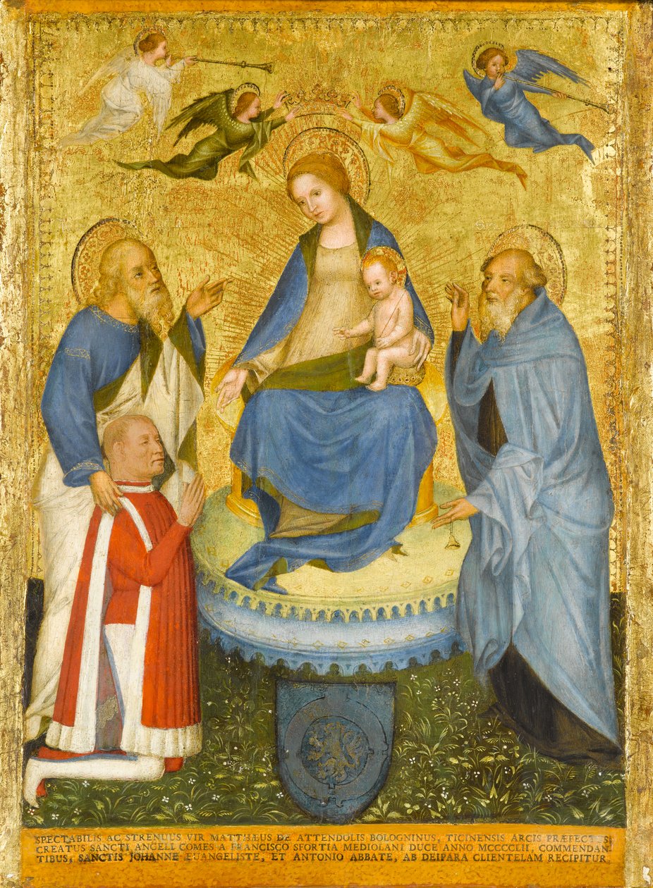 Aziz John the Evangelist, St. Anthony Abbot ve Donor ile Melekler Tarafından Taçlandırılan Bakire ve Çocuk, c.1400 by Pavian School