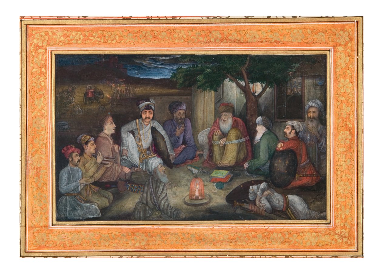 Gezginler Gecede Toplandı, c.1640 (kağıt üzerinde opak wc ve altın) by Payag