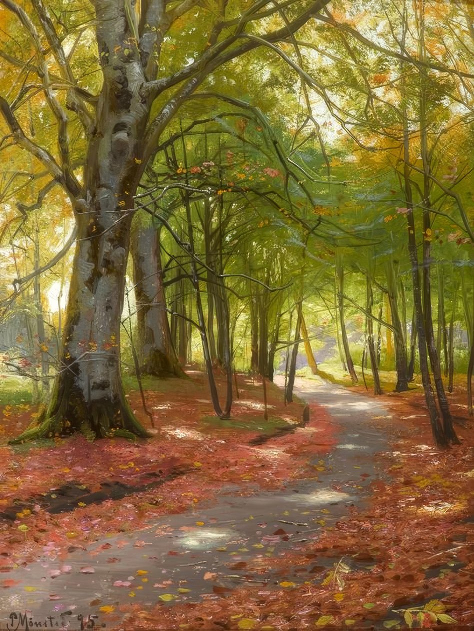 P.Mönsted, ormanda güneşli bir sonbahar günü by Peder Monsted