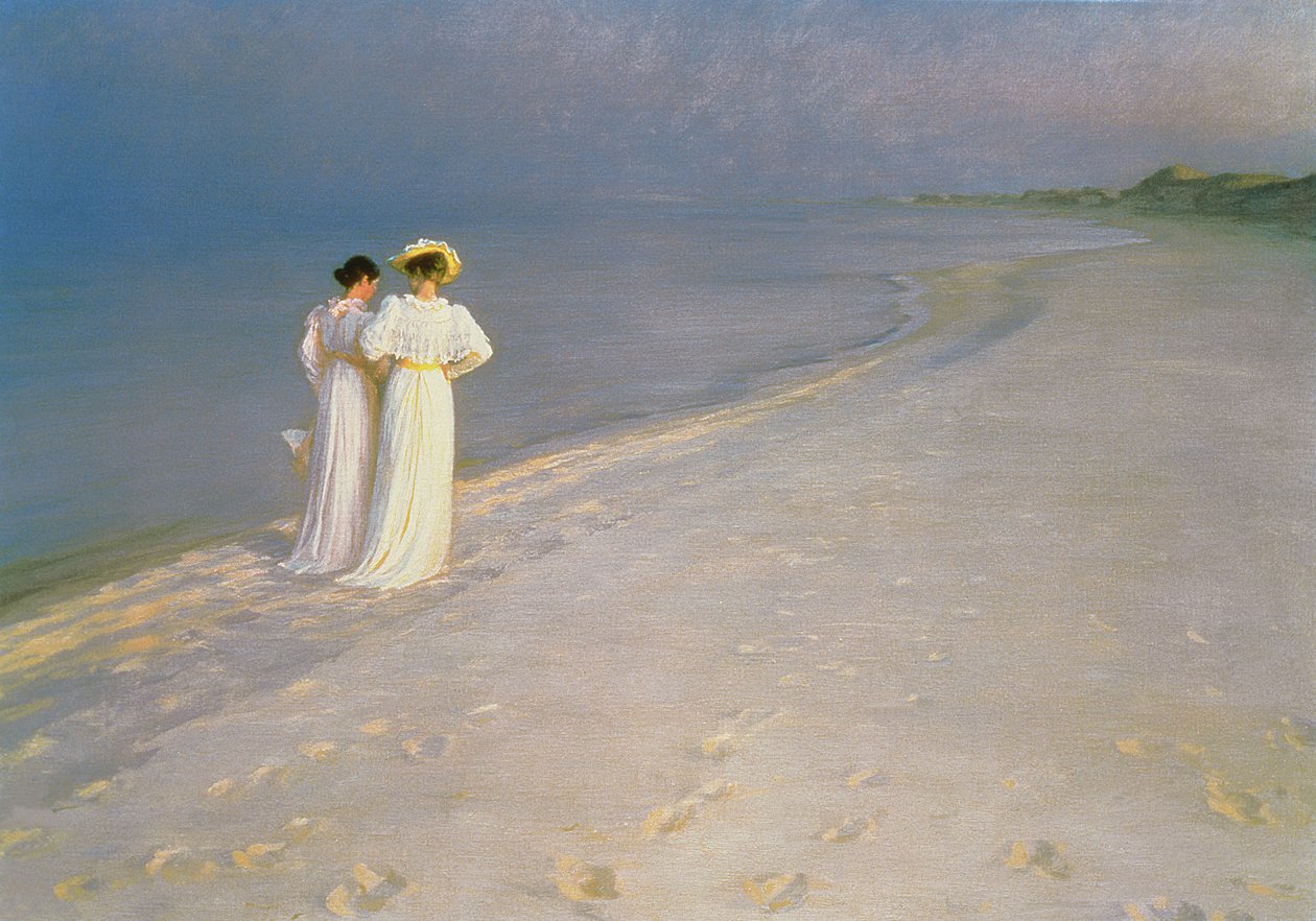 Anna Ancher ve Marie Kroyer ile Skagen Güney Sahilinde Yaz Akşamı by Peder Severin Krøyer
