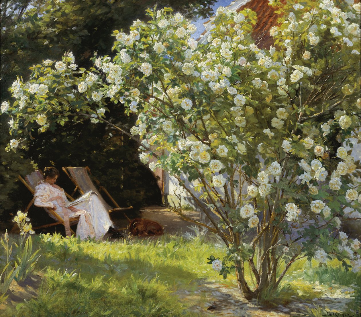 Marie Kroyer, Bayan Bendsens evinin bahçesindeki şezlongda oturuyor. by Peder Severin Krøyer