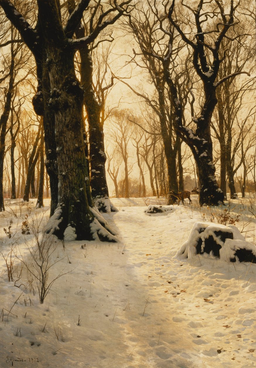 Geyiklerle Ormanlık Bir Kış Manzarası by Peder Monsted