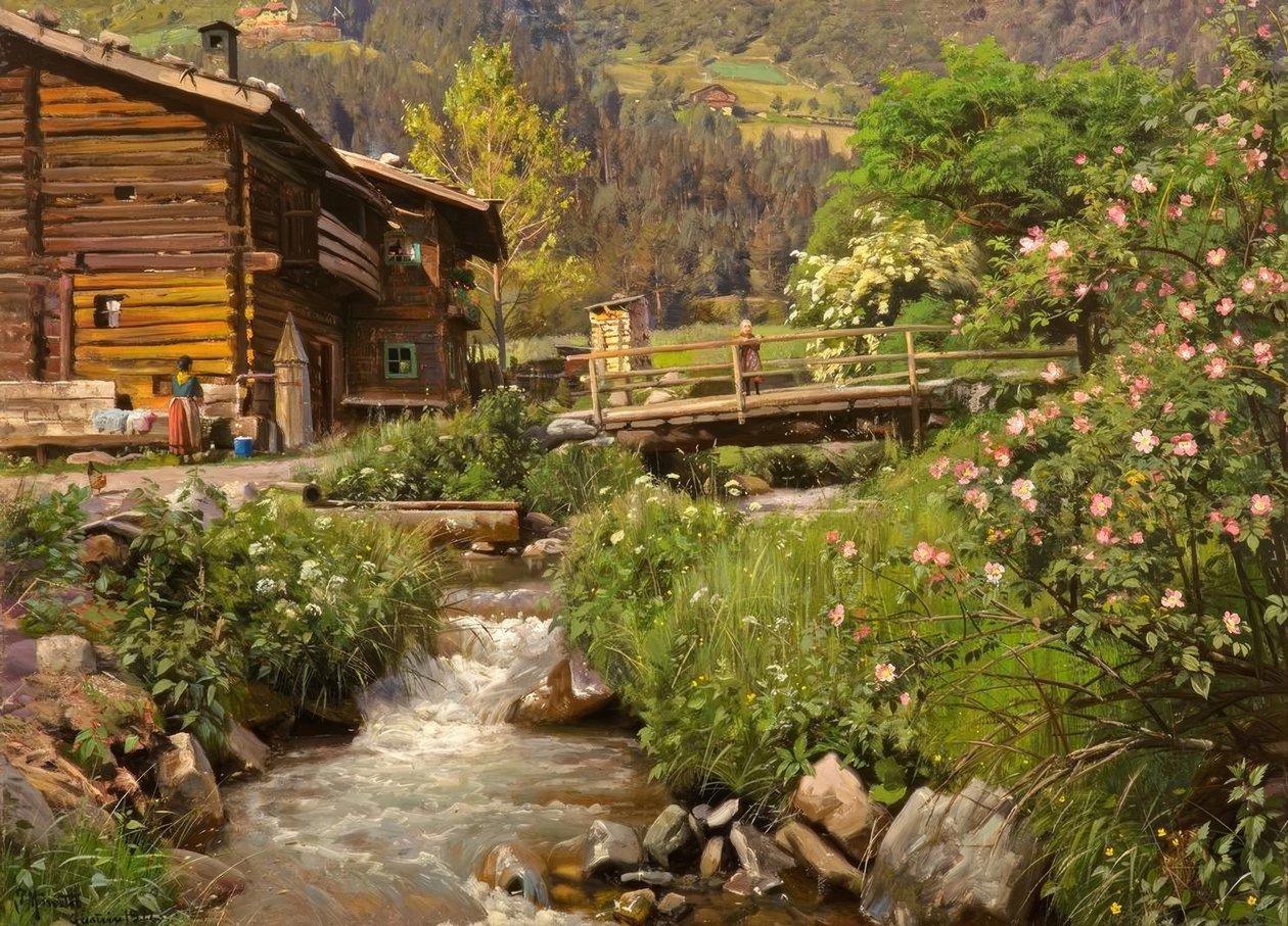 P.Mönsted, dere kenarında dağ kulübesi by Peder Monsted