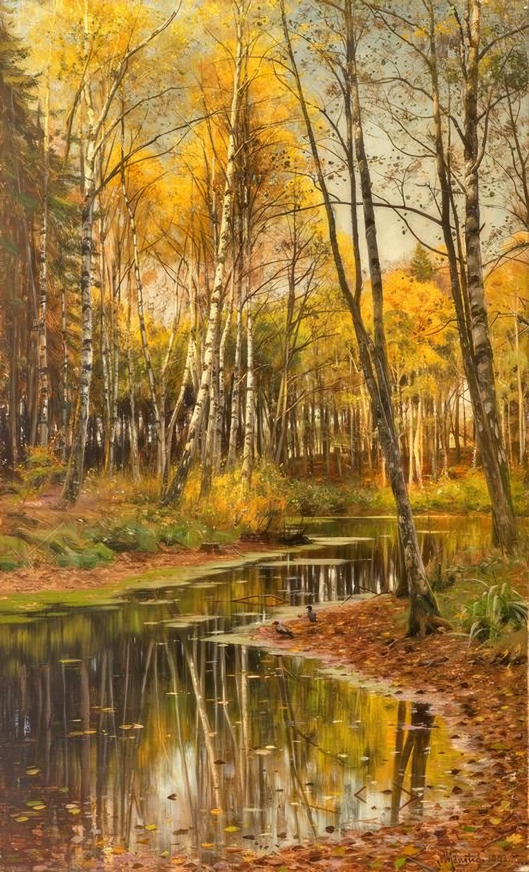 P.Mönsted, huş ormanı sonbahar ışığında by Peder Monsted