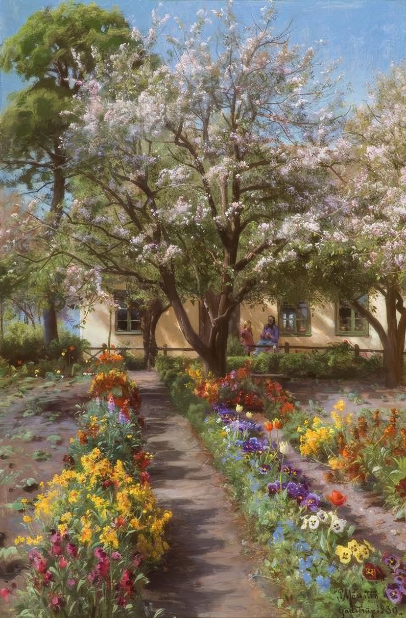 P.Mönsted, baharda çiçek açan bahçe by Peder Monsted