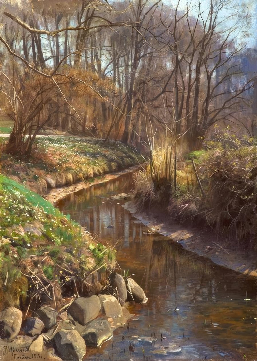 P.Mönsted, orman deresinde bahar by Peder Monsted