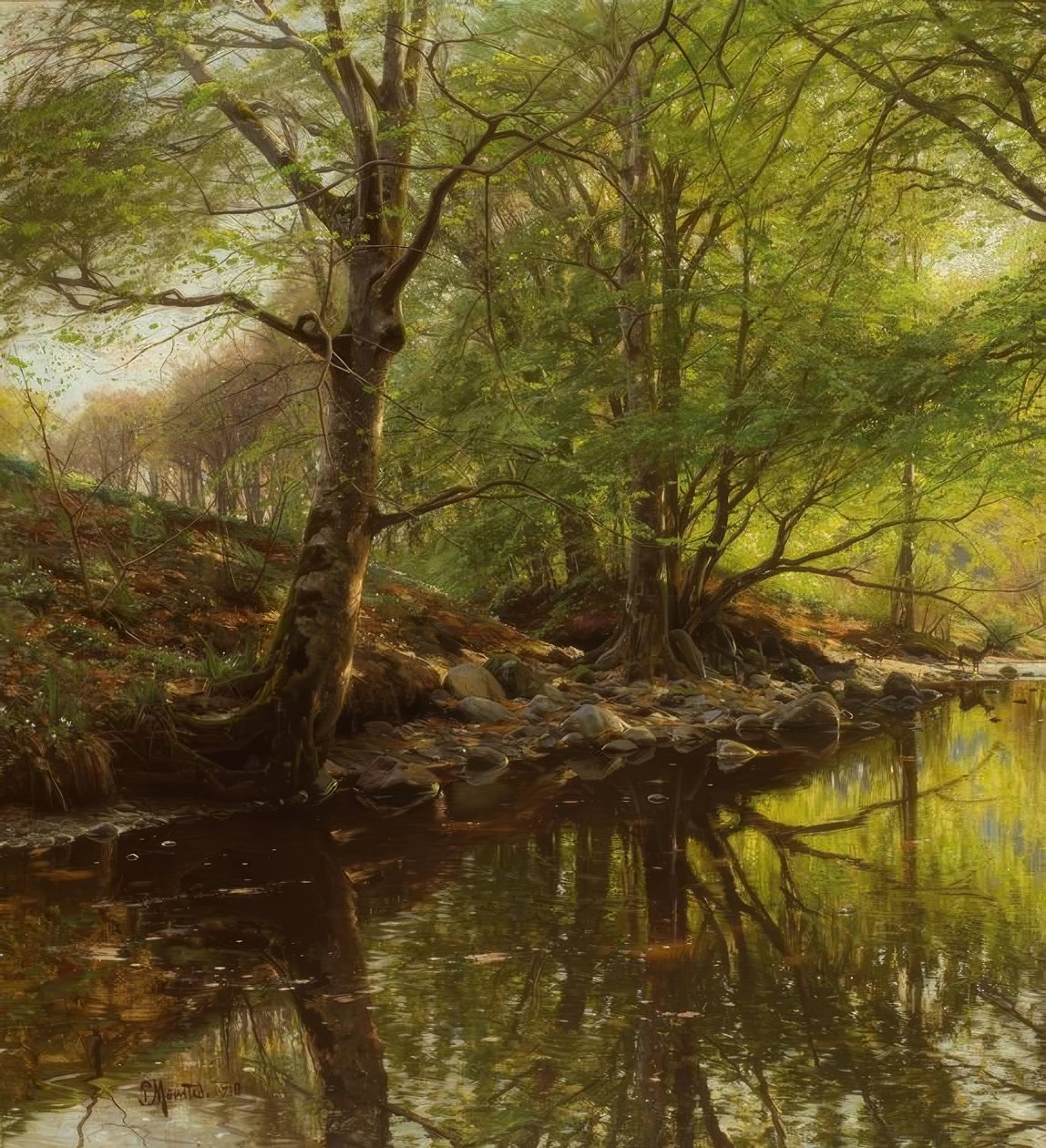 P.Mönsted, Waldbach ilkbaharda by Peder Monsted