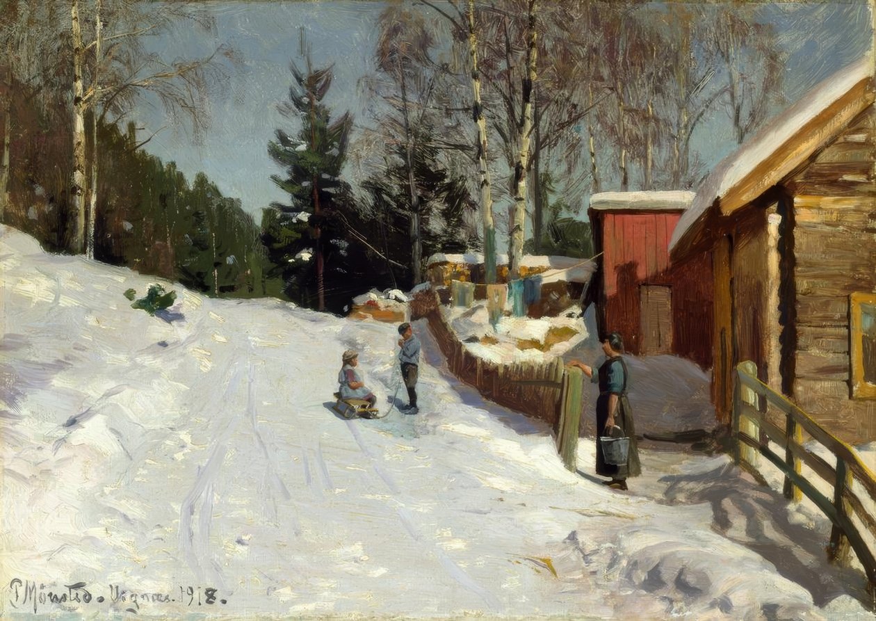 Karla kaplı köy caddesinde oynayan çocuklar by Peder Monsted