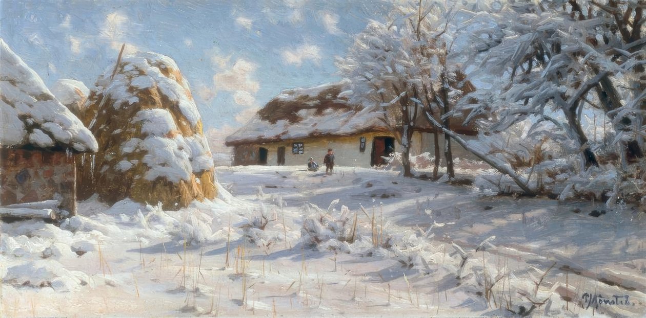 Çocuklar kızakla karla kaplı köy manzarası by Peder Monsted