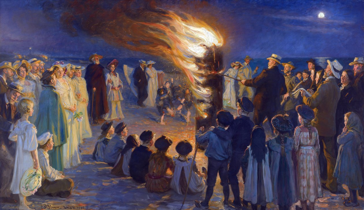 Veillee de Saint Jean sur la plage de Skagen (Danimarka) - Skagen Sahilinde Yaz Gecesi Şenlik Ateşi, yazan Kroyer, Peder Severin (1851-1909). Tuval üzerine yağlıboya. Boyut: 149,5x257 cm. Skagens Müzesi by Peder Severin Krøyer