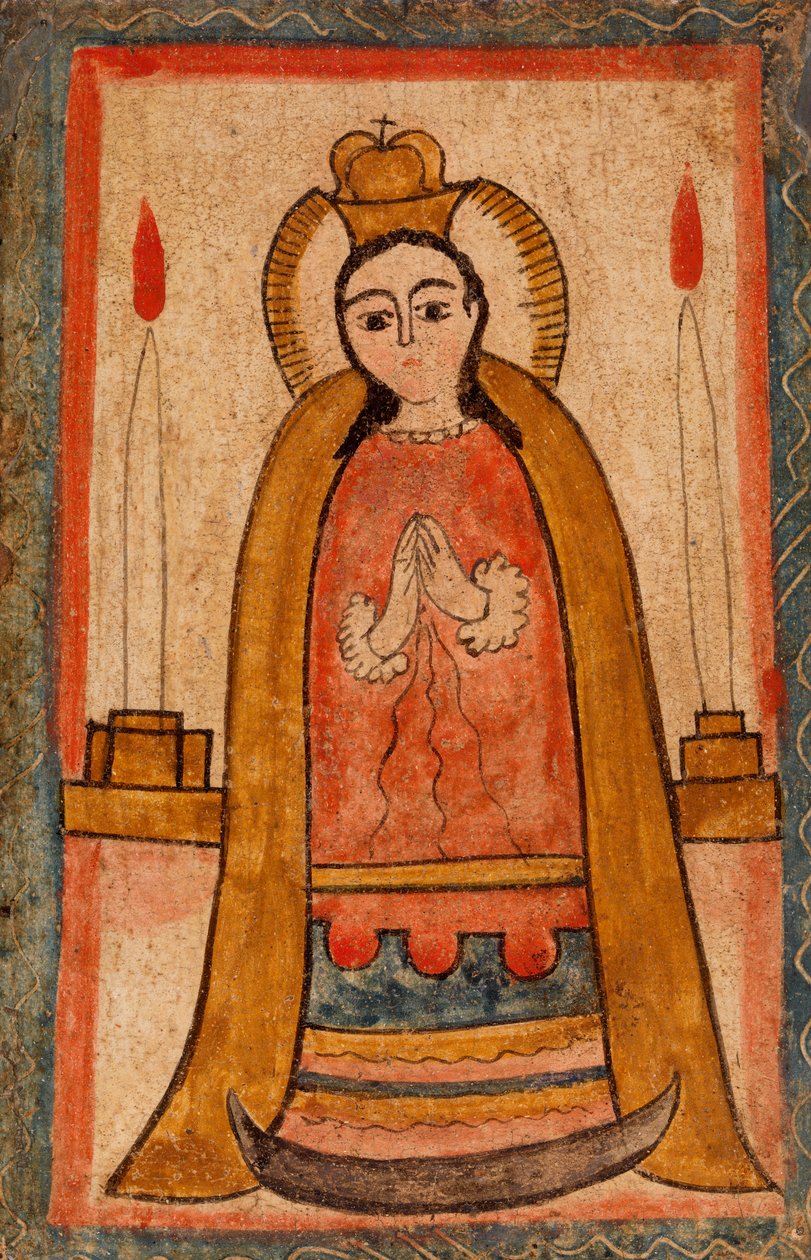 Madonna kırmızı bir elbise giyiyor, c. 1820 (ahşap panel üzerine su bazlı boya) by Pedro Antonio Frésquis