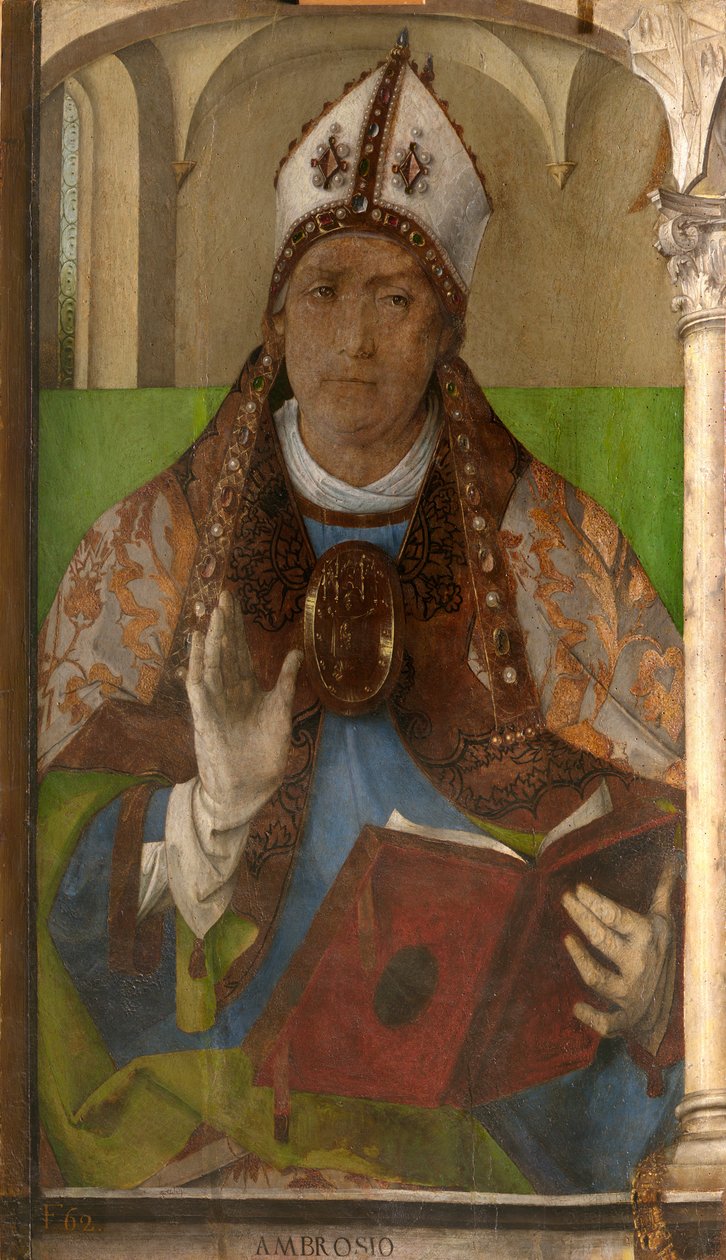 Ambroise de Milan (vers 340-397) - Saint Ambrose, Milano Başpiskoposu par Berruguete, Pedro (1450-1503). Ahşap üzeri yağlı boya, ebat: 117x65, c. 1473-1475, Marche Ulusal Galerisi, Urbino by Pedro Berruguete