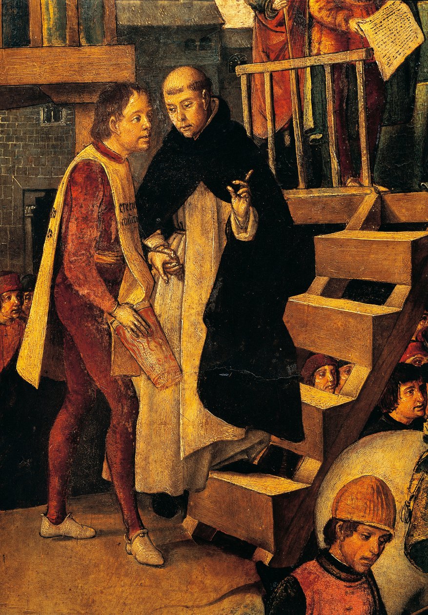 Mahkum edilen adam Engizisyon mahkemesine gidiyor, San Domenico Guzman'ın başkanlığını Pedro Berruguete'nin yaptığı Autodafe'den detay (yaklaşık 1450-1504 dolaylarında) by Pedro Berruguete
