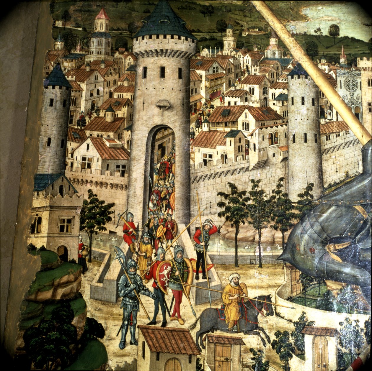St. George Altarpiece: Aragon Kralı I. Jacques'in birlikleri tarafından 1229'da Palma de Mallorca fethi, detay by Pedro Nisart