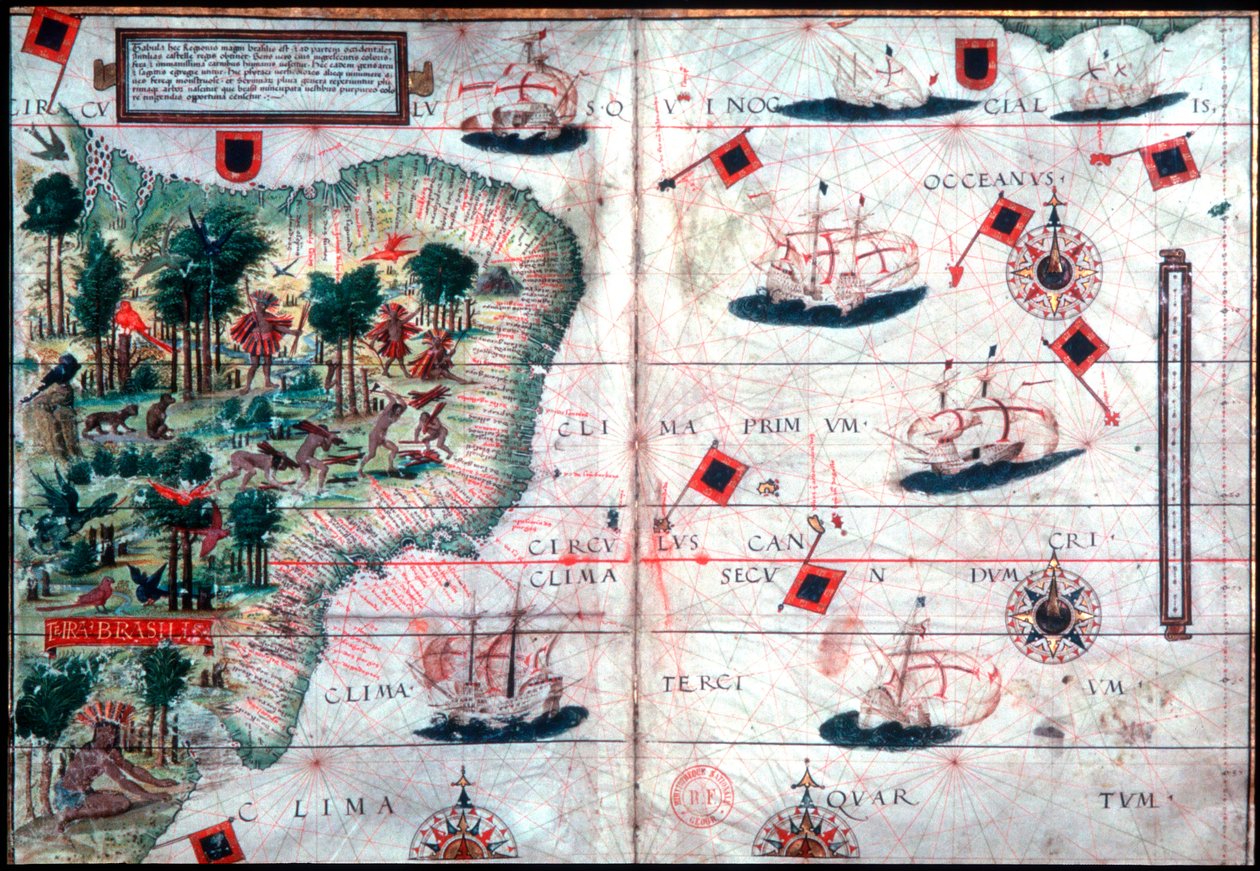 Portekizli denizciler Pedro Reinel ve Lopo Homen, c1525 tarafından Brezilya haritası. by Pedro Reinel