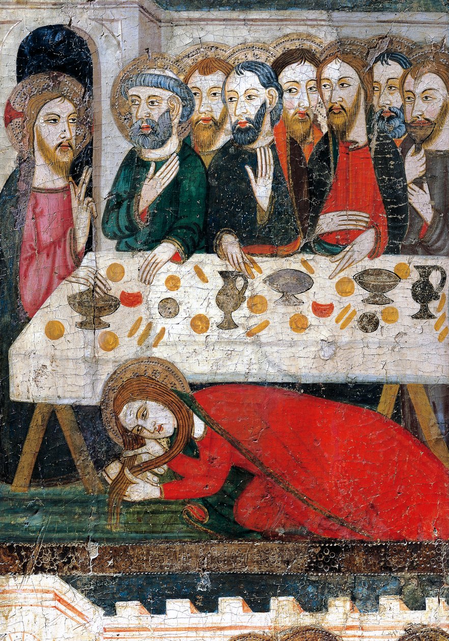 Mecdelli Meryem saçıyla İsa'nın ayaklarını yıkıyor, Pedro Serra veya Pere Serra (1363 ile 1399 arasında aktif), ahşap üzerine resim yapıyor. by Pedro Serra