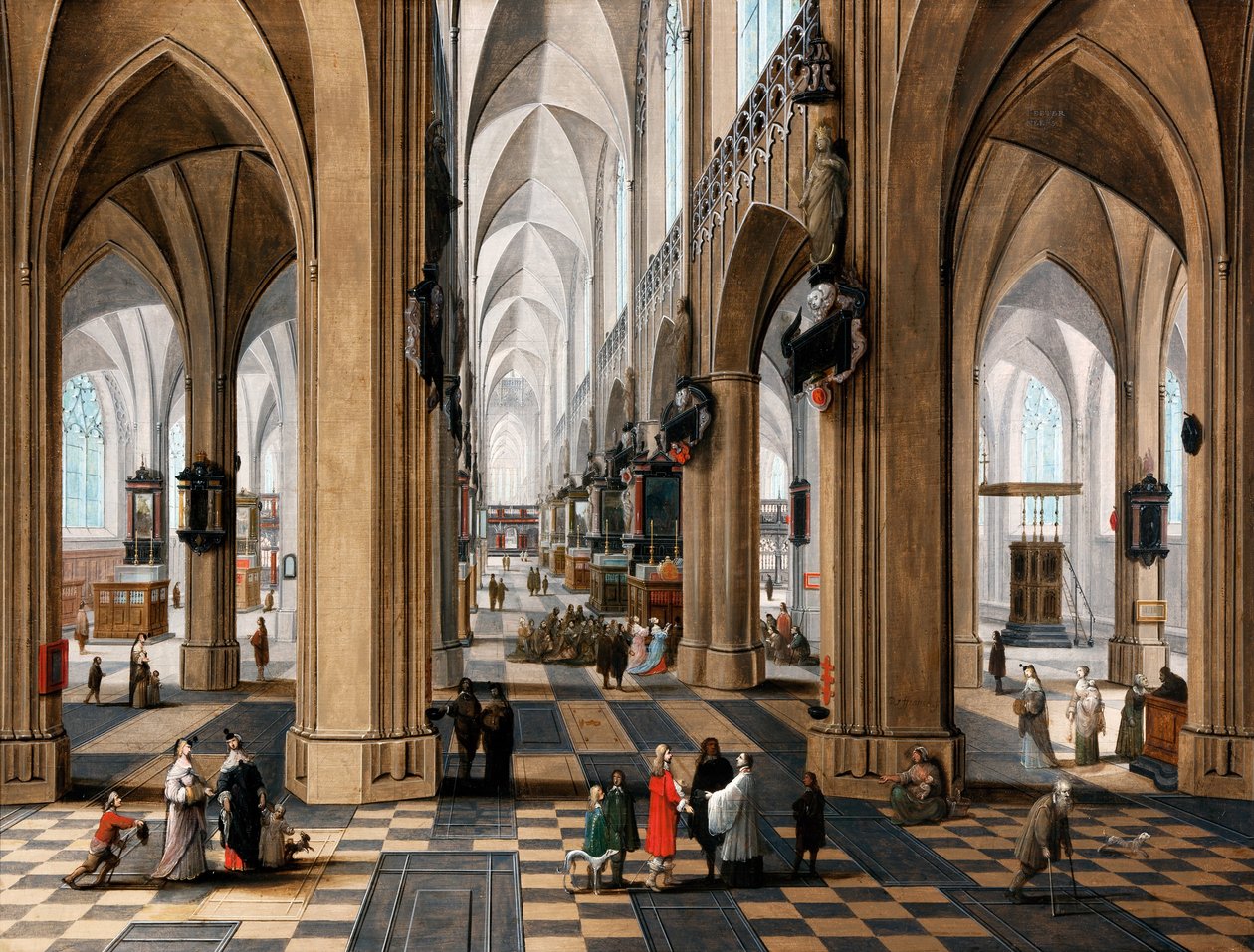 Gezinen zarif figürler ve ayinlere katılan figürler ile bir kilise iç mekanı by Peeter the elder Neefs