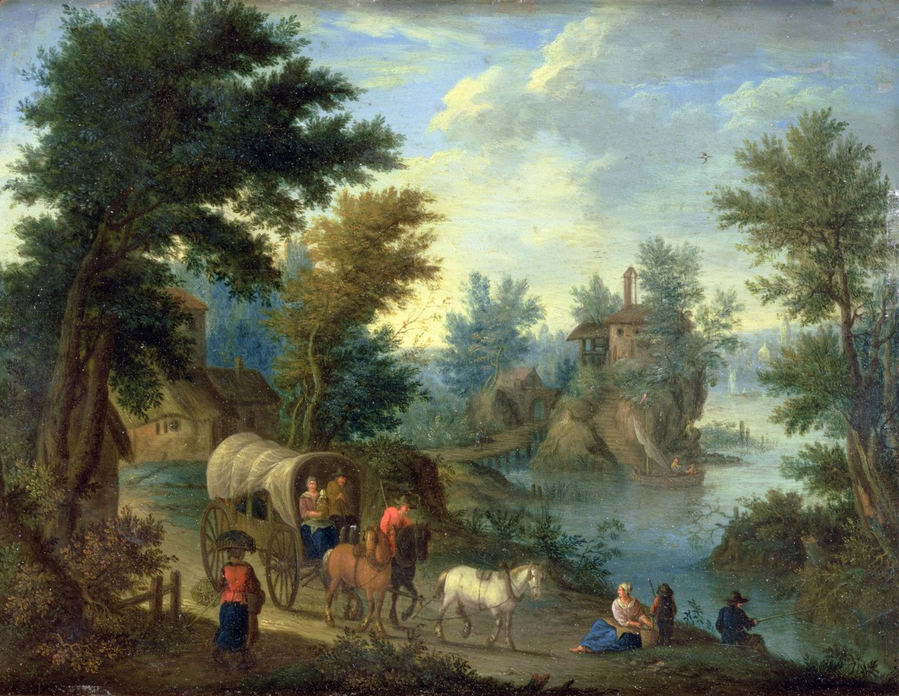 Gezginlerle ormanlık bir nehir manzarası (bakır üzerine yağ) by Peeter van Bredael