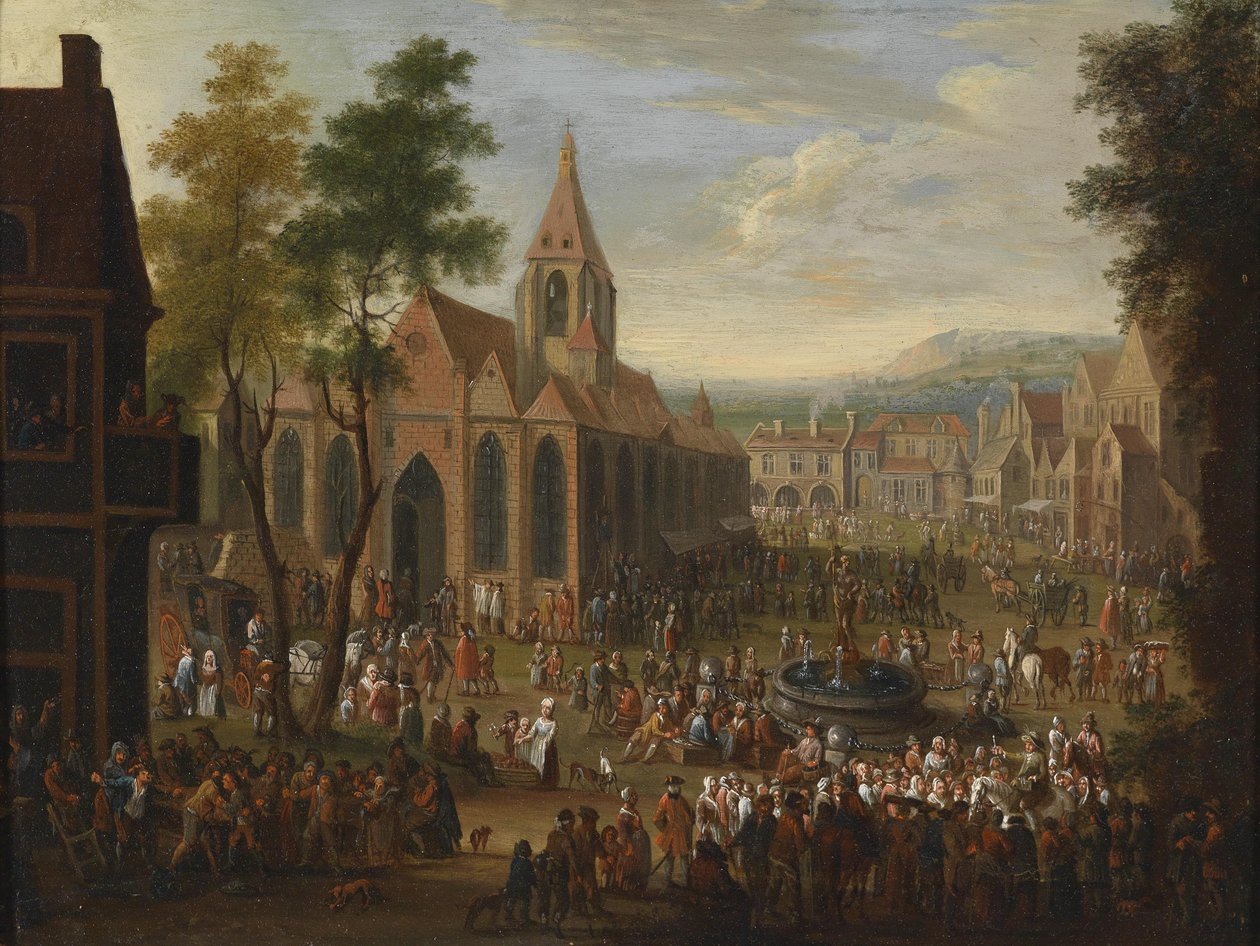Kent meydanında sayısız figürün olduğu bir festival by Peeter van Bredael