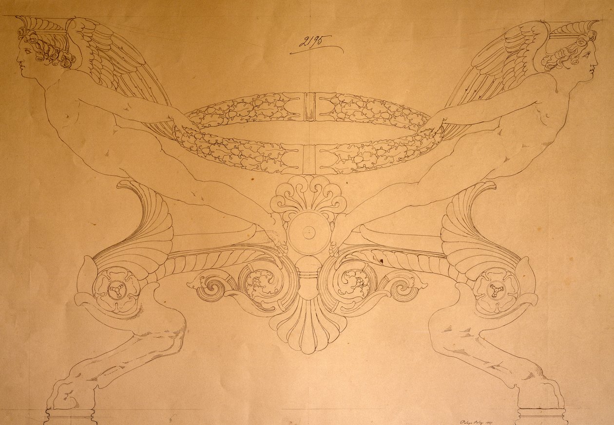Ayaklı toynak şeklindeki tabure çizimi, c.1837 (çizim) by Pelagio Palagi