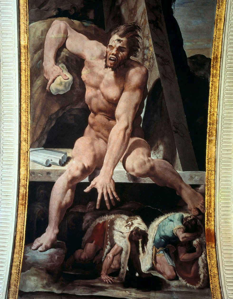 Ulysses ve arkadaşları Polyphemus ininden kaçar. Fresk by Pellegrino Tibaldi