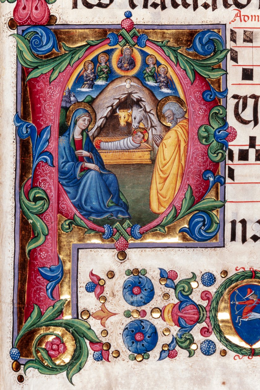 Piccolomini Kütüphanesi: koro kitabı, morina. 102.8, ff. 48r, Pellegrino di Mariano tarafından “Doğuş” ile. Detay. by Pellegrino di Mariano