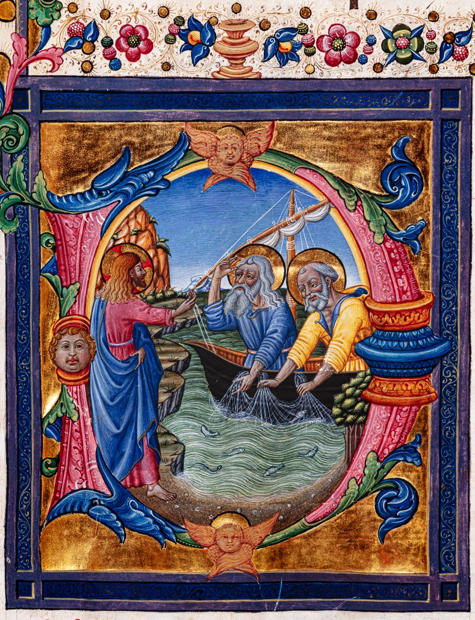 Piccolomini Kütüphanesi: koro kitabı, morina. 11.M, ff. 4r ile Pellegrino di Mariano tarafından “Aziz Peter ve Aziz Andrew Çağrısı”. Detay. by Pellegrino di Mariano
