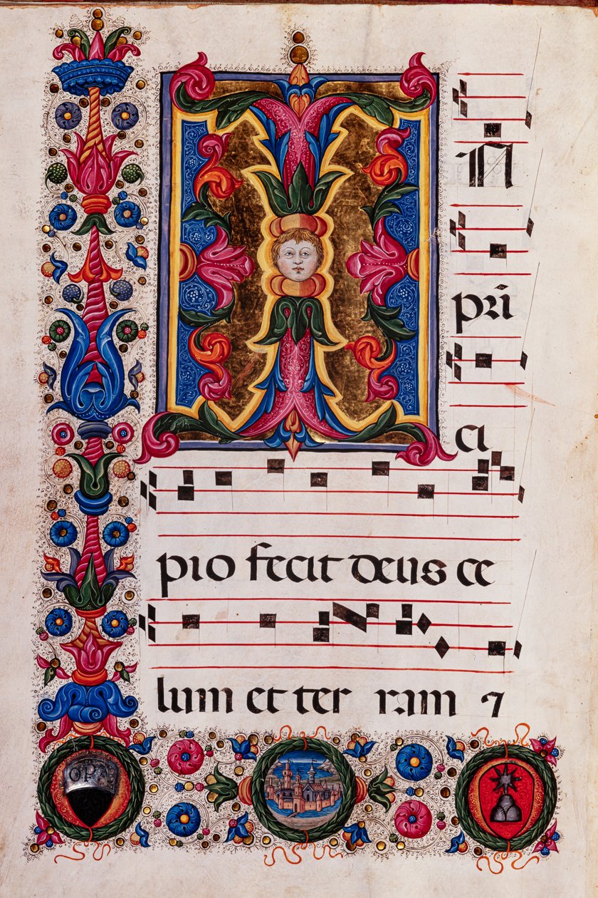 Piccolomini Kütüphanesi: koro kitabı, morina. 5.E, ff. Pellegrino di Mariano tarafından "Foliated ilk" ile 4v. by Pellegrino di Mariano