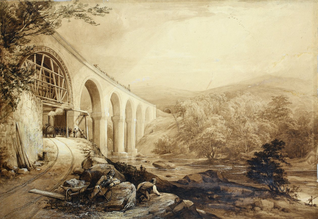 Quakers Yard Viyadüğü, c.1840 (kağıt üzerine kalem ve yıkama) by Penry Williams