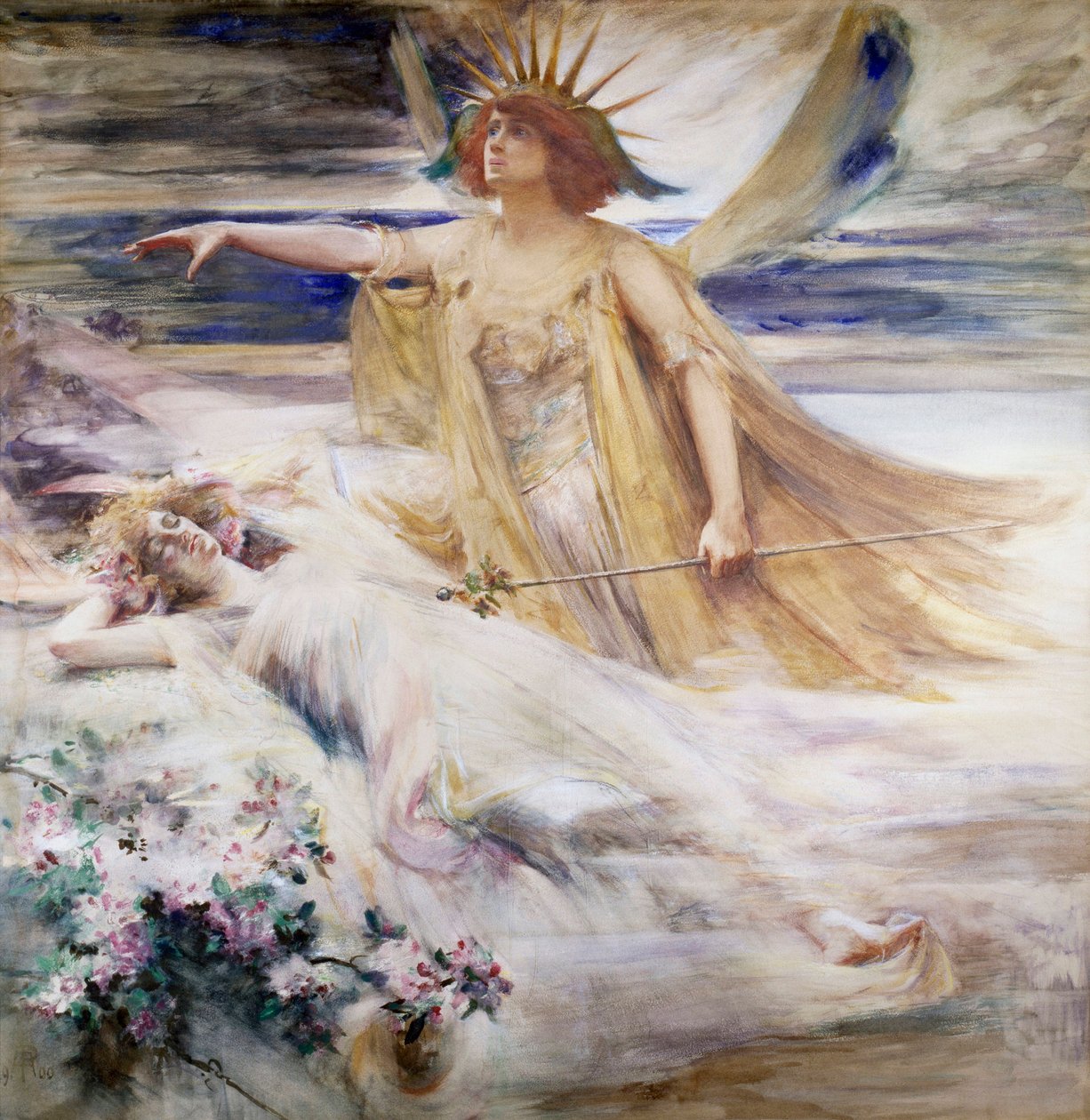 "Yeni Yüzyılın Ruhu" Uyuyan 19. yüzyıl üzerinde yükselen 20. yüzyıl alegorisi. Percy Anderson (1851-1928) (pre-raphaelite) tarafından yapılmış resim 1900 Özel koleksiyon by Percy Anderson