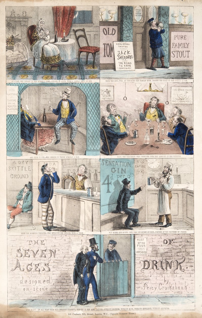 İçkinin Yedi Çağı, pub.c. 1872 (el renkli gravür) by Percy Cruikshank