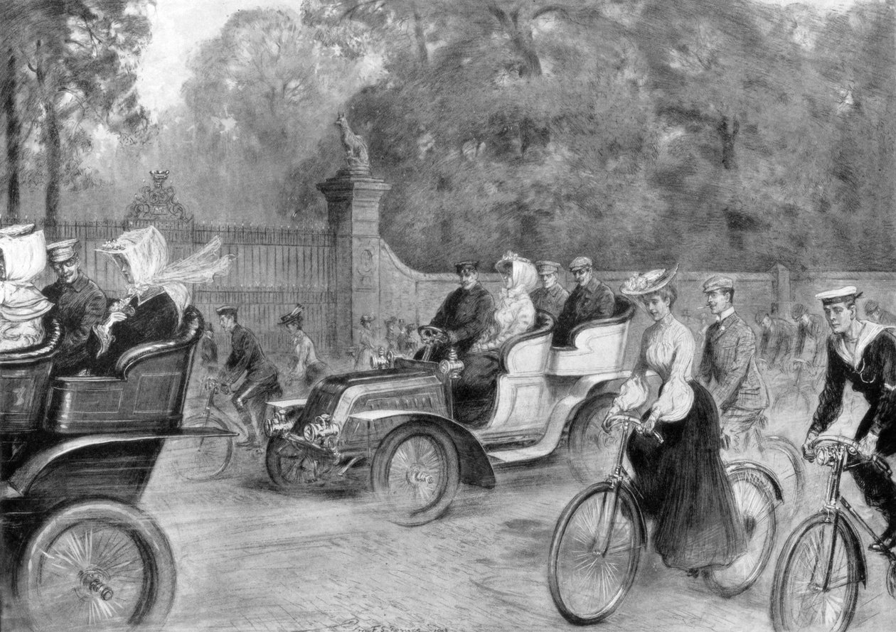 Kensington High Street'teki motorlar ve bisikletler, Londra, 1903 by Percy F.S. Spence