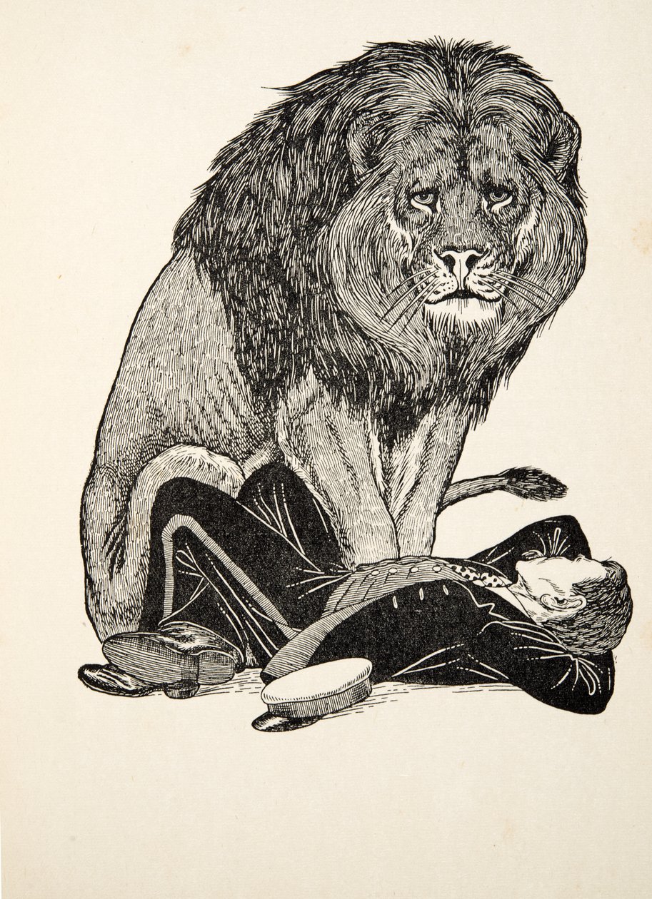 Hayvanların Yüz Anekdotundan Aslan ve Bekçisi, pub. 1924 by Percy J. Billingshurst
