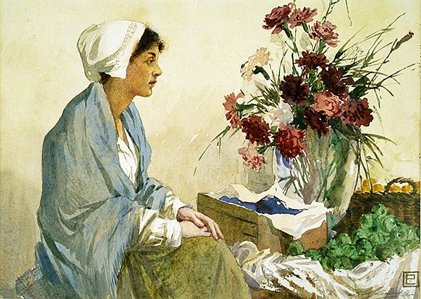 Çiçek Satıcısı (kağıt üzerine sulu boya) by Percy Lancaster
