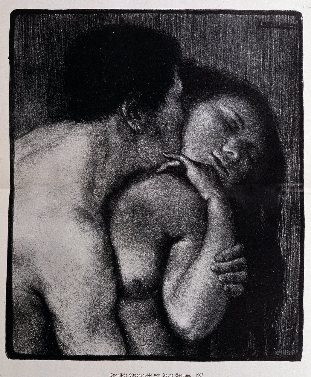 Adam bir kadını öpüyor. Pere Torne-Esquius (Torne Esquius) tarafından litografi by Pere Torne Esquius