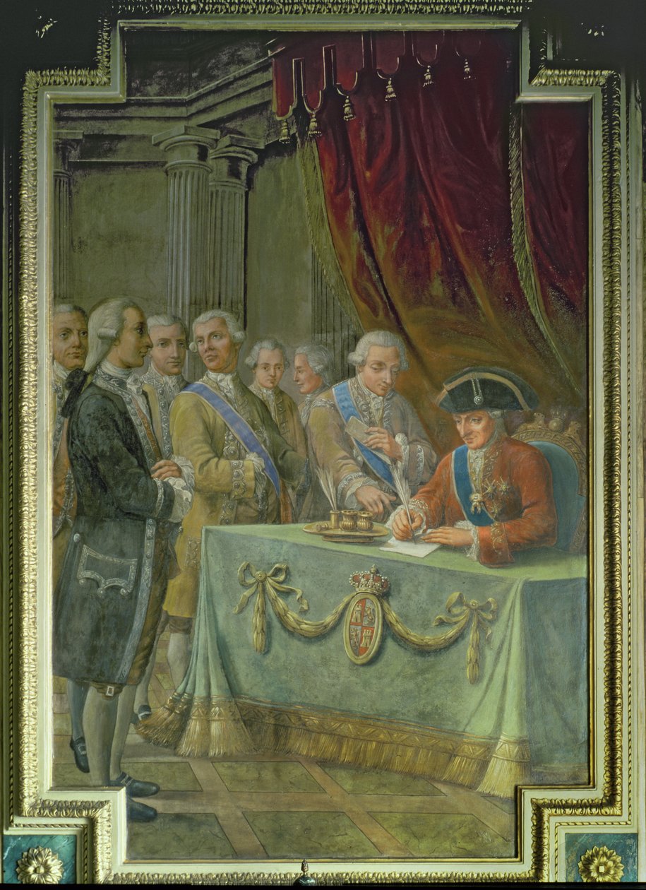Charles III (1716-88), Asya ve Filipinler ile ticarete izin veren kararnameyi imzaladı by Pere Pau Muntanya